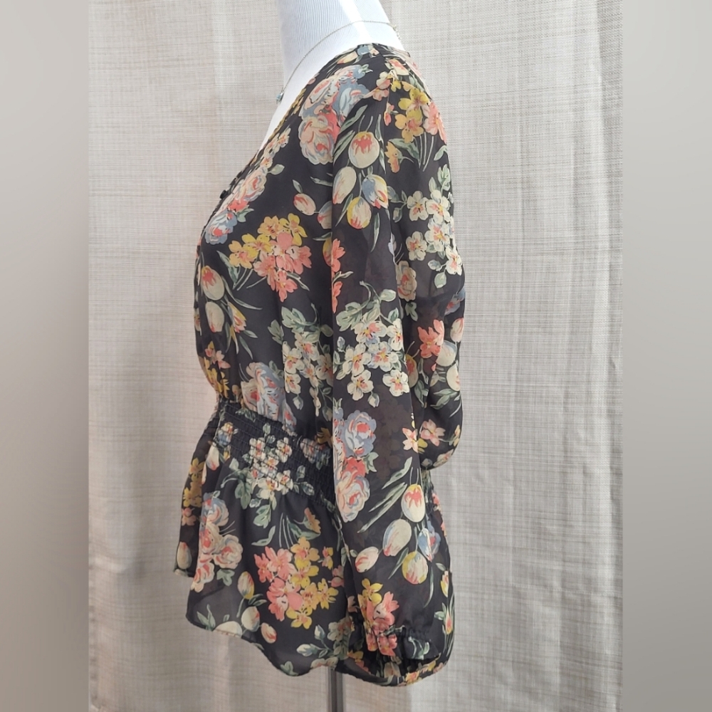 Chaps V Neck Floral Button Romantic Sheer Blouse Womens Medium Black Long Sleeve - Picture 2 of 8